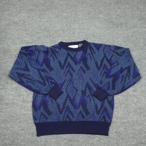 Vintage Michael Gerald Sweater Men Medium Blue Geometric Knit Retro Pullover